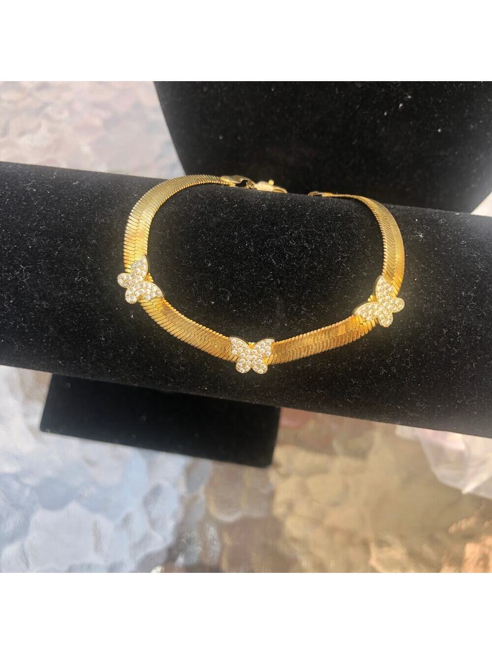 Vintage Women's Herringbone Pave Rhinestone Butterfly Gold Tone Bracelet